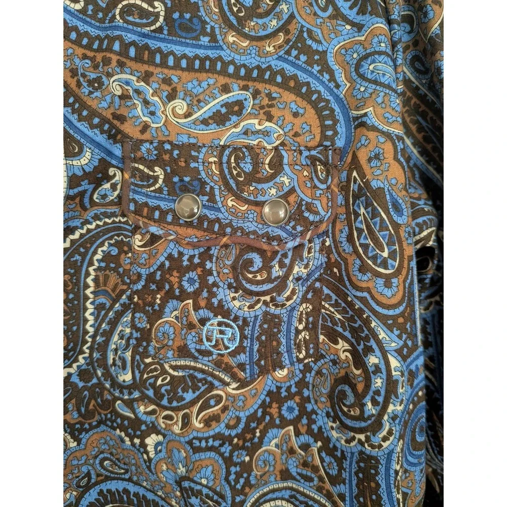 Roper Blue Brown Paisley Pearl Snap Western‎ Shirt 100% Cotton Size Large